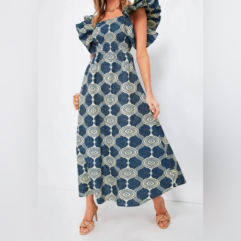 Elisimama NWT Blue and Cream Geometric Print Maxi Dress
